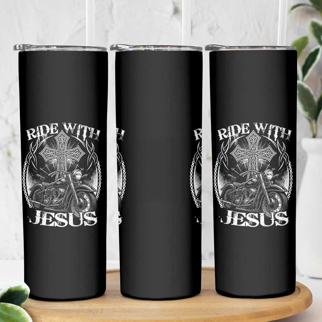 Christian Biker Skinny Tumbler Ride With Jesus Religious Faith Motorcycle Rider - Wonder Print Shop