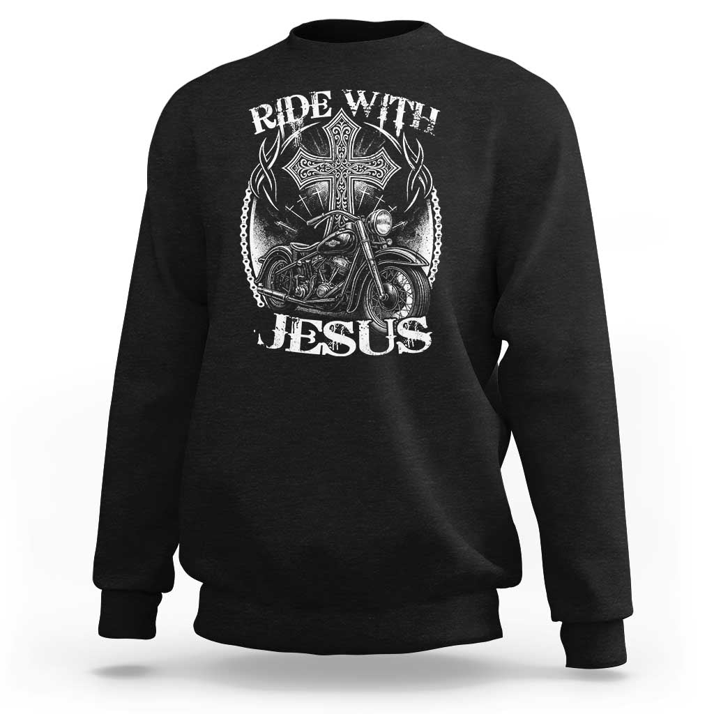 Christian Biker Sweatshirt Ride With Jesus Religious Faith Motorcycle Rider - Wonder Print Shop