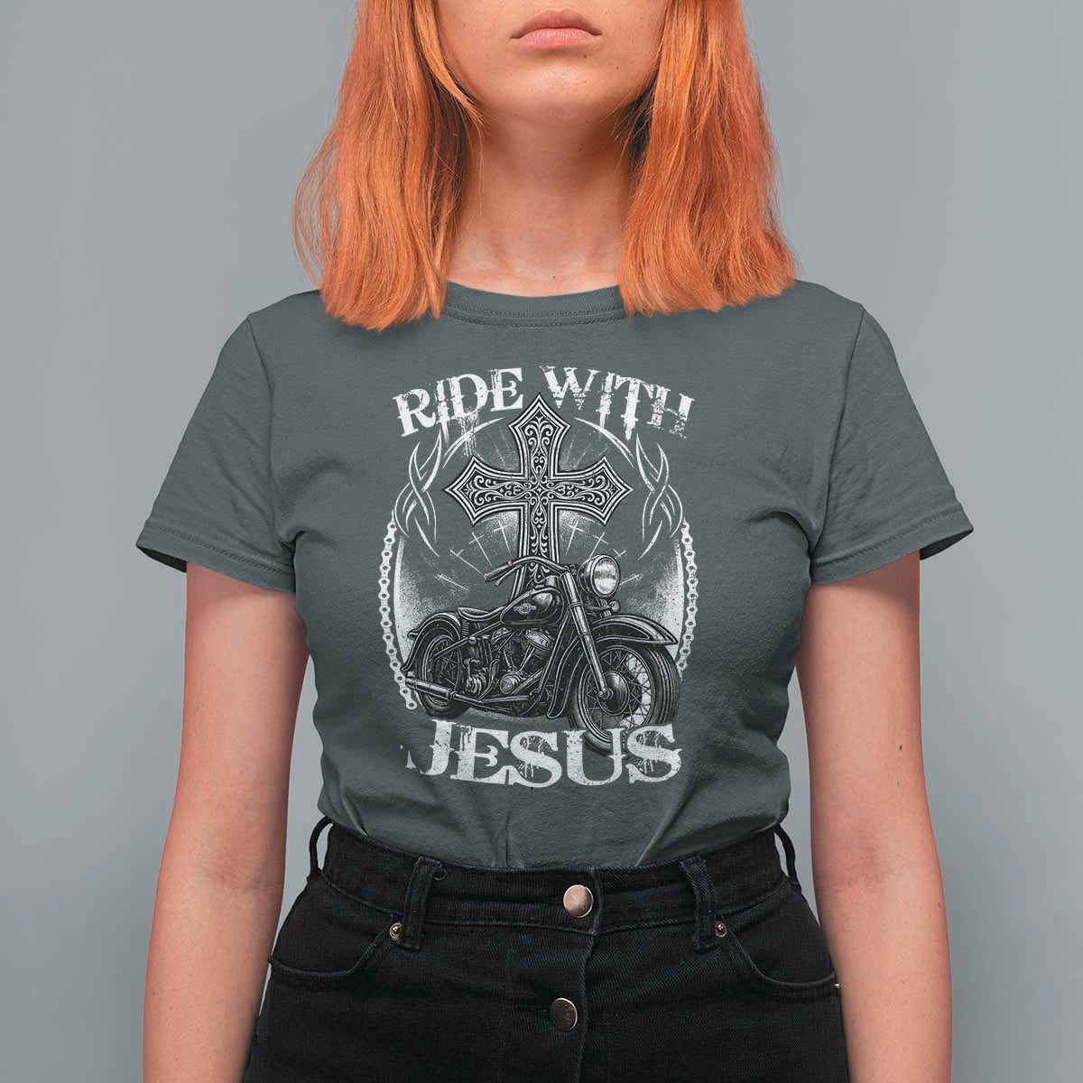 Christian Biker T Shirt For Women Ride With Jesus Religious Faith Motorcycle Rider - Wonder Print Shop