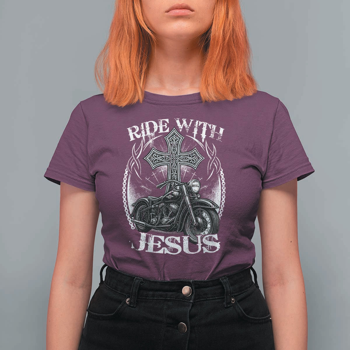 Christian Biker T Shirt For Women Ride With Jesus Religious Faith Motorcycle Rider - Wonder Print Shop