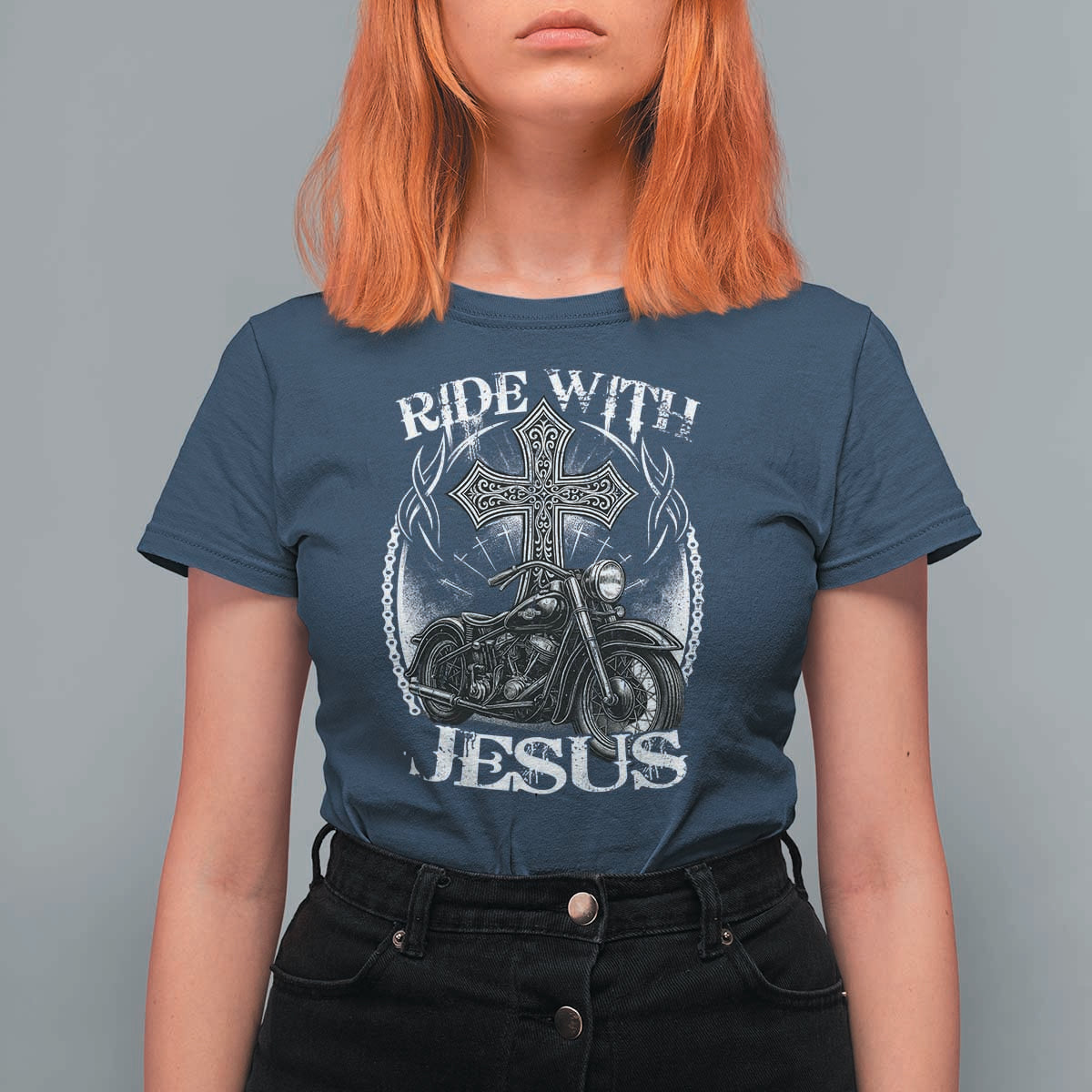 Christian Biker T Shirt For Women Ride With Jesus Religious Faith Motorcycle Rider - Wonder Print Shop