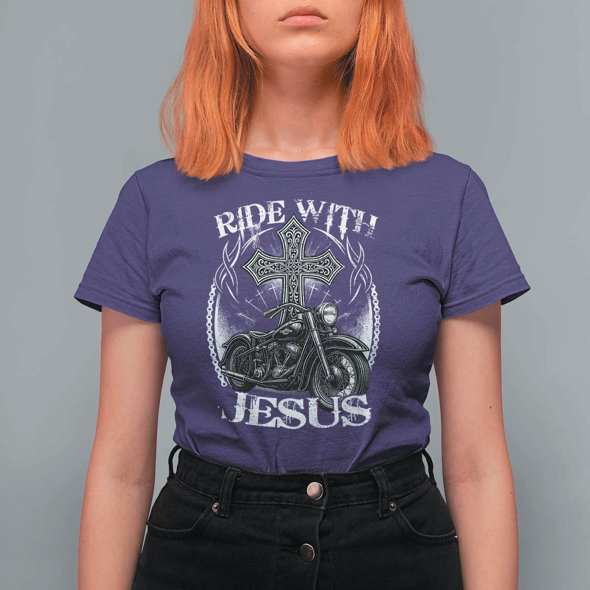 Christian Biker T Shirt For Women Ride With Jesus Religious Faith Motorcycle Rider - Wonder Print Shop