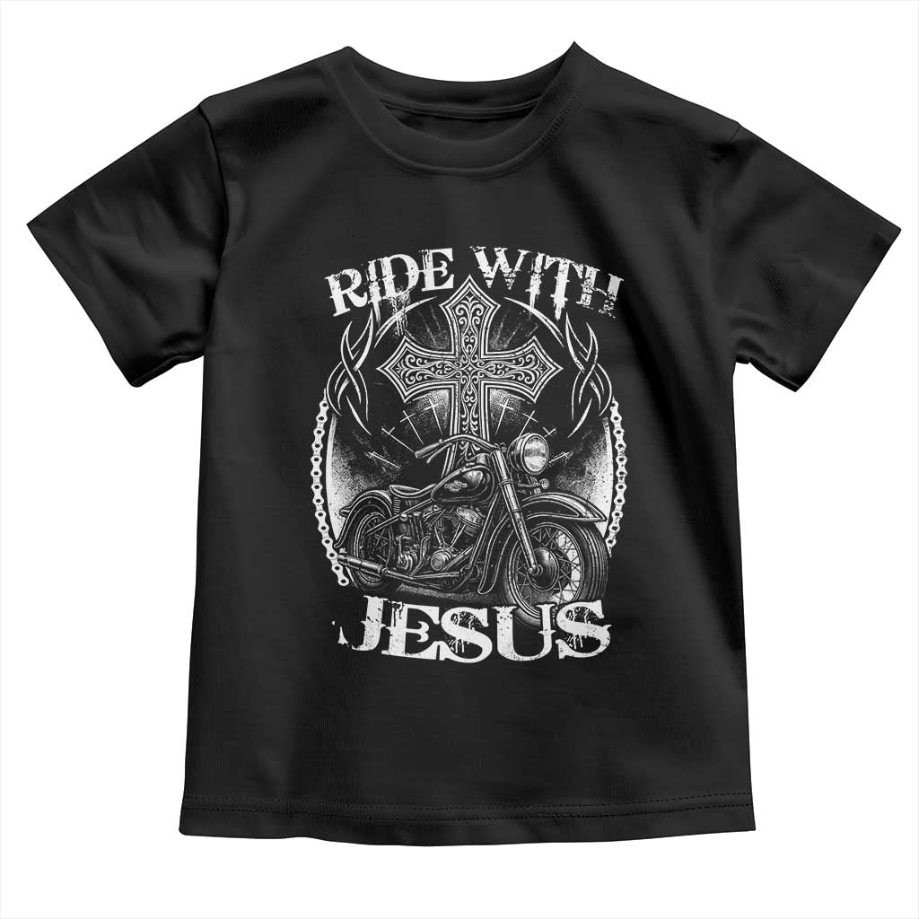 Christian Biker Toddler T Shirt Ride With Jesus Religious Faith Motorcycle Rider - Wonder Print Shop