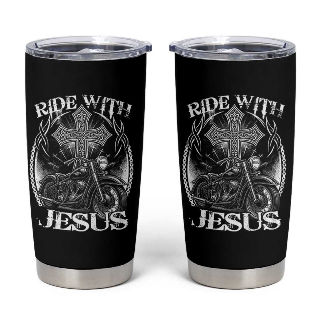 Christian Biker Tumbler Cup Ride With Jesus Religious Faith Motorcycle Rider - Wonder Print Shop
