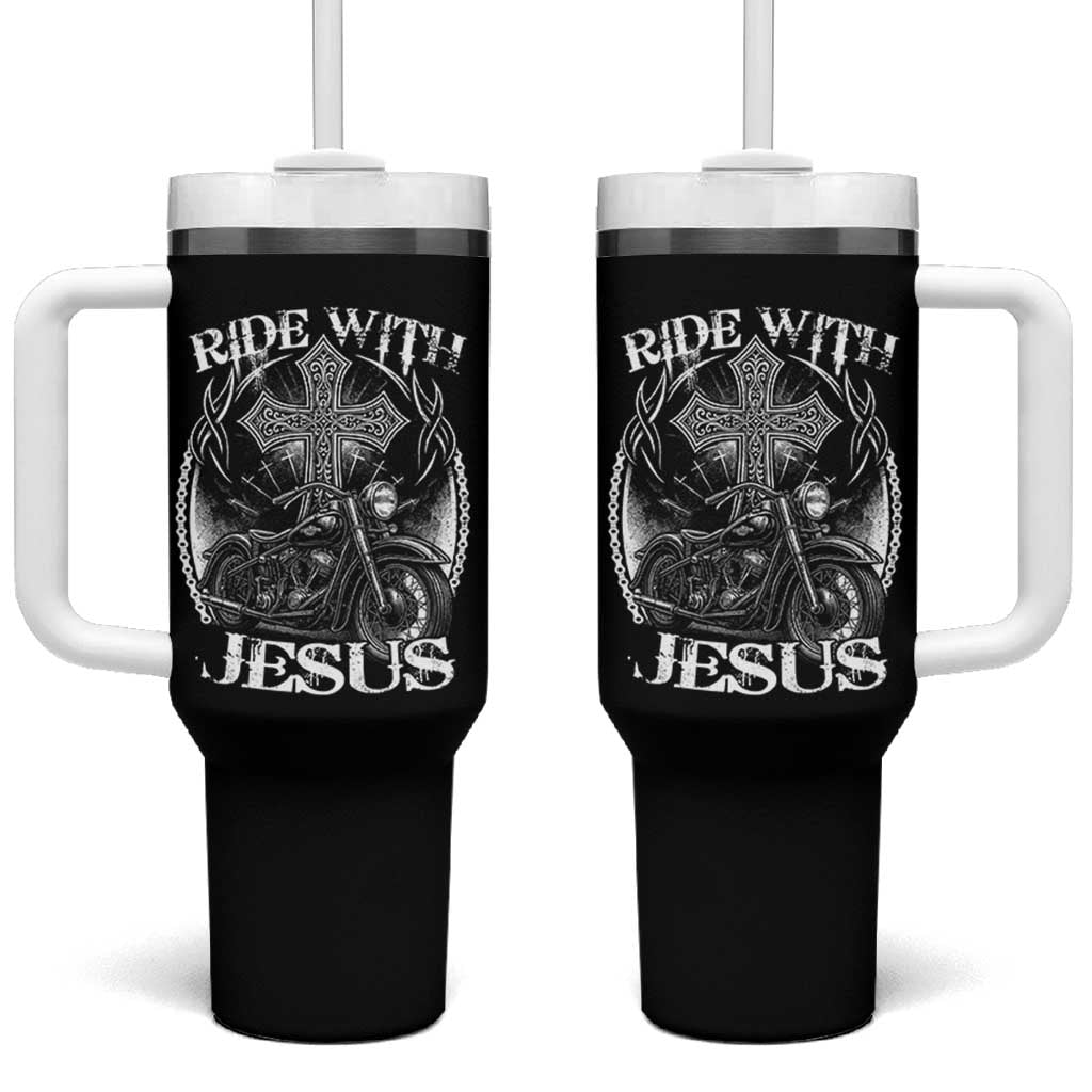 Christian Biker Tumbler With Handle Ride With Jesus Religious Faith Motorcycle Rider - Wonder Print Shop