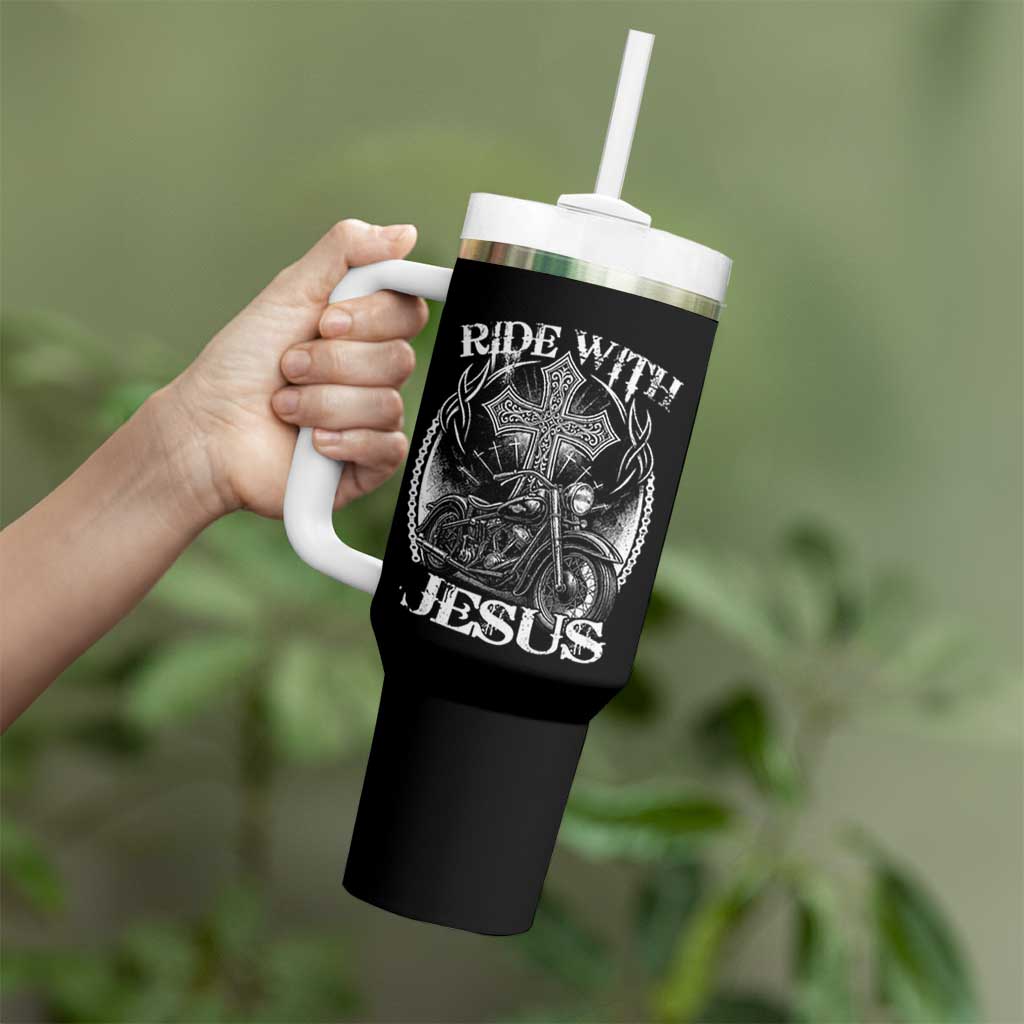 Christian Biker Tumbler With Handle Ride With Jesus Religious Faith Motorcycle Rider - Wonder Print Shop