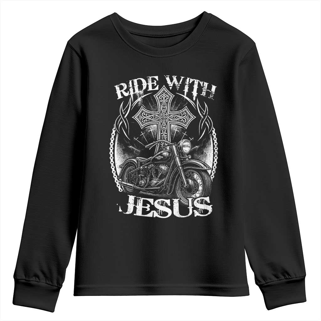 Christian Biker Youth Sweatshirt Ride With Jesus Religious Faith Motorcycle Rider - Wonder Print Shop