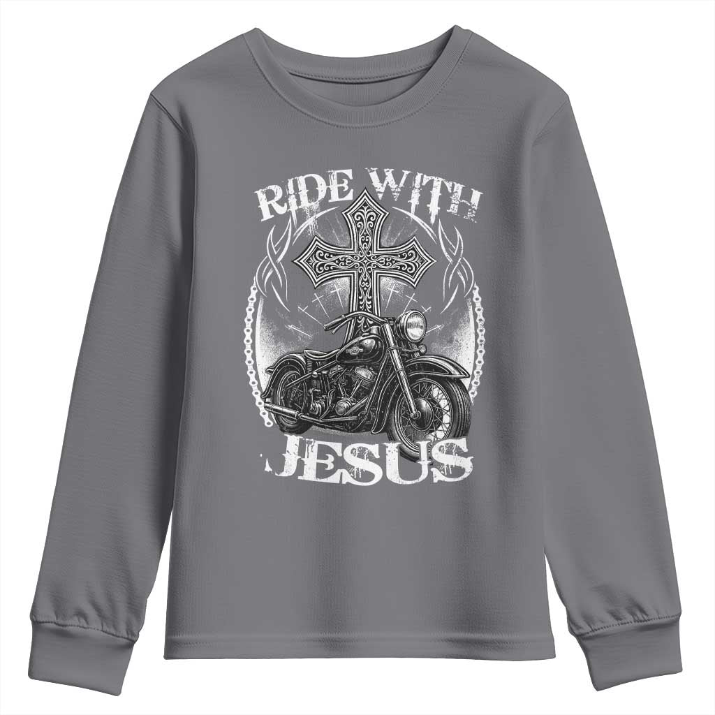 Christian Biker Youth Sweatshirt Ride With Jesus Religious Faith Motorcycle Rider - Wonder Print Shop