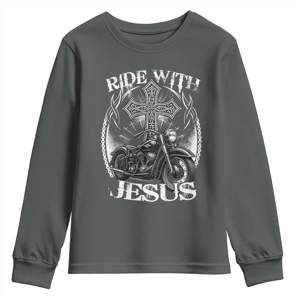 Christian Biker Youth Sweatshirt Ride With Jesus Religious Faith Motorcycle Rider - Wonder Print Shop