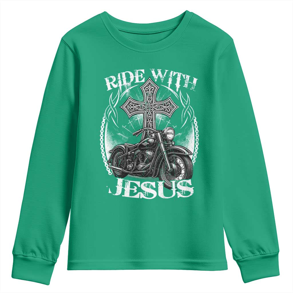 Christian Biker Youth Sweatshirt Ride With Jesus Religious Faith Motorcycle Rider - Wonder Print Shop
