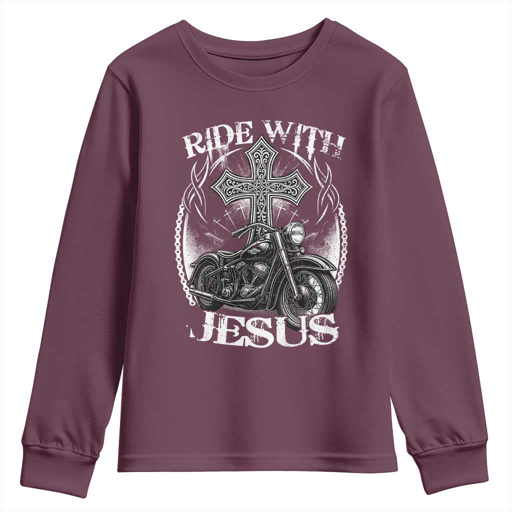 Christian Biker Youth Sweatshirt Ride With Jesus Religious Faith Motorcycle Rider - Wonder Print Shop