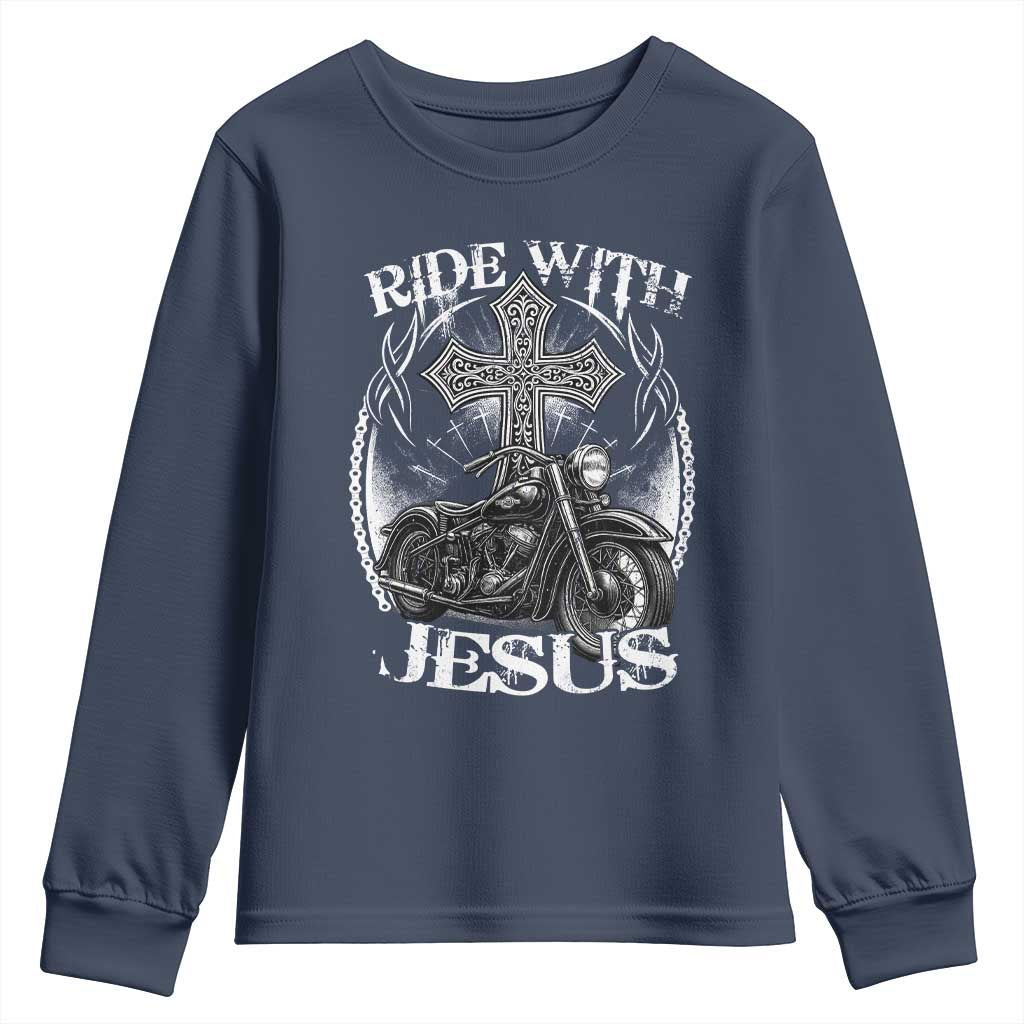 Christian Biker Youth Sweatshirt Ride With Jesus Religious Faith Motorcycle Rider - Wonder Print Shop