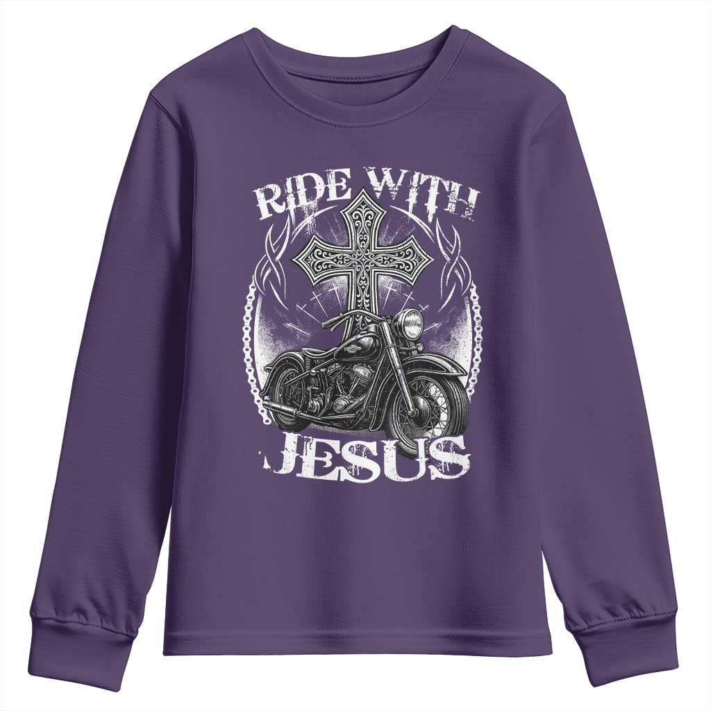 Christian Biker Youth Sweatshirt Ride With Jesus Religious Faith Motorcycle Rider - Wonder Print Shop