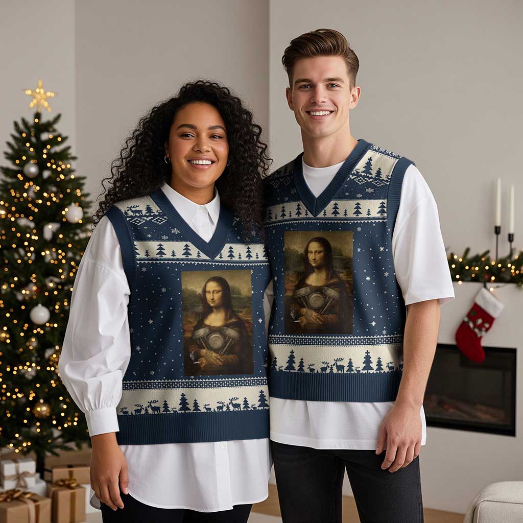 Funny Monalisa Rider Vintage Retro Motorcycle Engine V-Neck Knit Sweater Vest - Wonder Print Shop