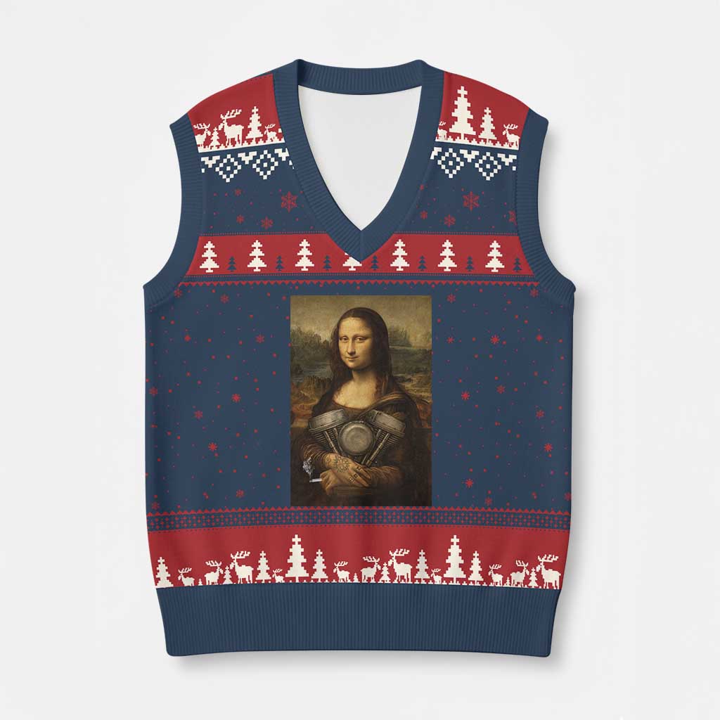 Funny Monalisa Rider Vintage Retro Motorcycle Engine V-Neck Knit Sweater Vest - Wonder Print Shop