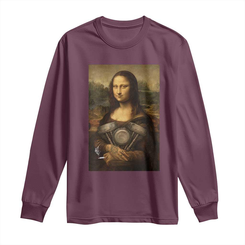 Funny Monalisa Rider Vintage Retro Motorcycle Engine Long Sleeve Shirt - Wonder Print Shop