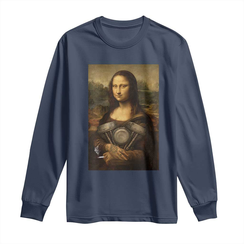 Funny Monalisa Rider Vintage Retro Motorcycle Engine Long Sleeve Shirt - Wonder Print Shop