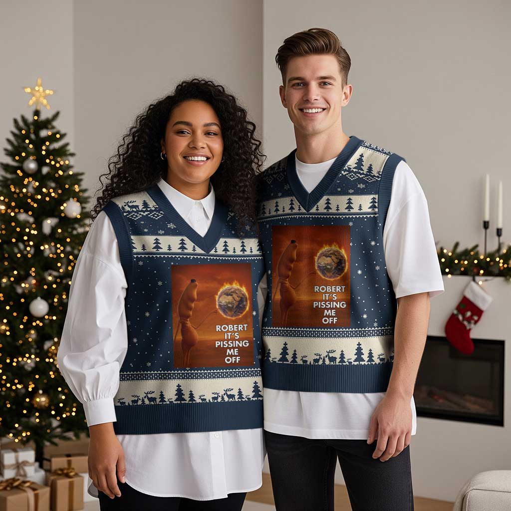 Funny Marcus V-Neck Knit Sweater Vest Robert Its Pissing Me Off Worm Meme - Wonder Print Shop