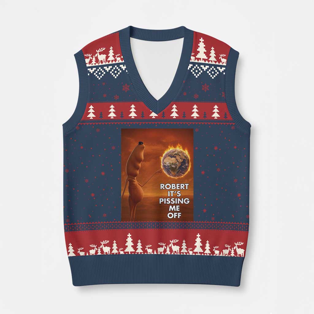 Funny Marcus V-Neck Knit Sweater Vest Robert Its Pissing Me Off Worm Meme - Wonder Print Shop