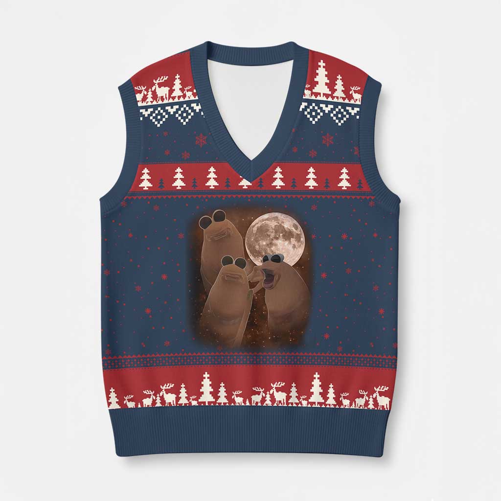 Three Marcus The Worm Moon V-Neck Knit Sweater Vest Funny Weird Cursed Meme - Wonder Print Shop