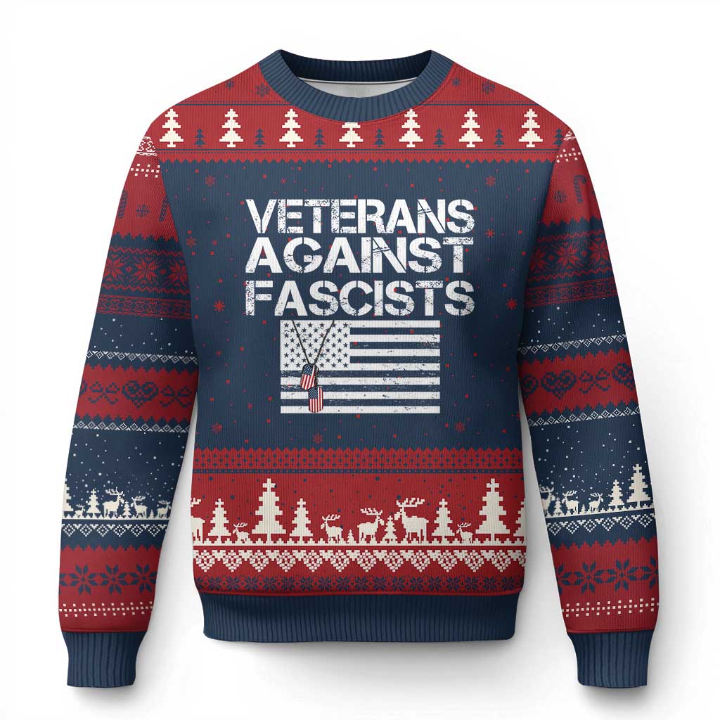 Veterans Against Fascists Ugly Christmas Sweater Patriotic Soldier Vintage American Flag Dog Tag - Wonder Print Shop