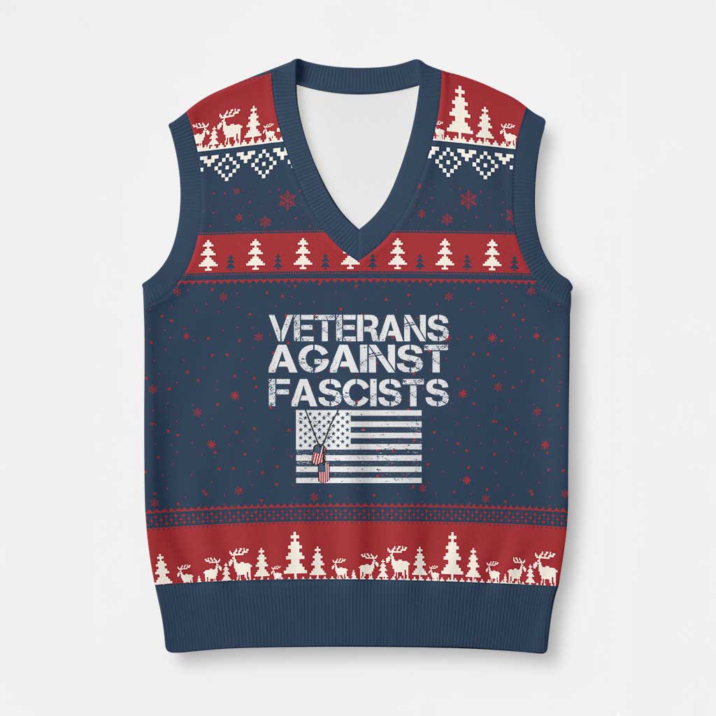 Veterans Against Fascists V-Neck Knit Sweater Vest Patriotic Soldier Vintage American Flag Dog Tag - Wonder Print Shop