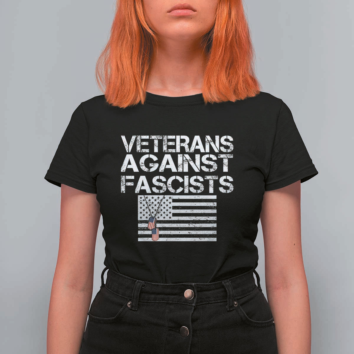 Veterans Against Fascists T Shirt For Women Patriotic Soldier Vintage American Flag Dog Tag - Wonder Print Shop