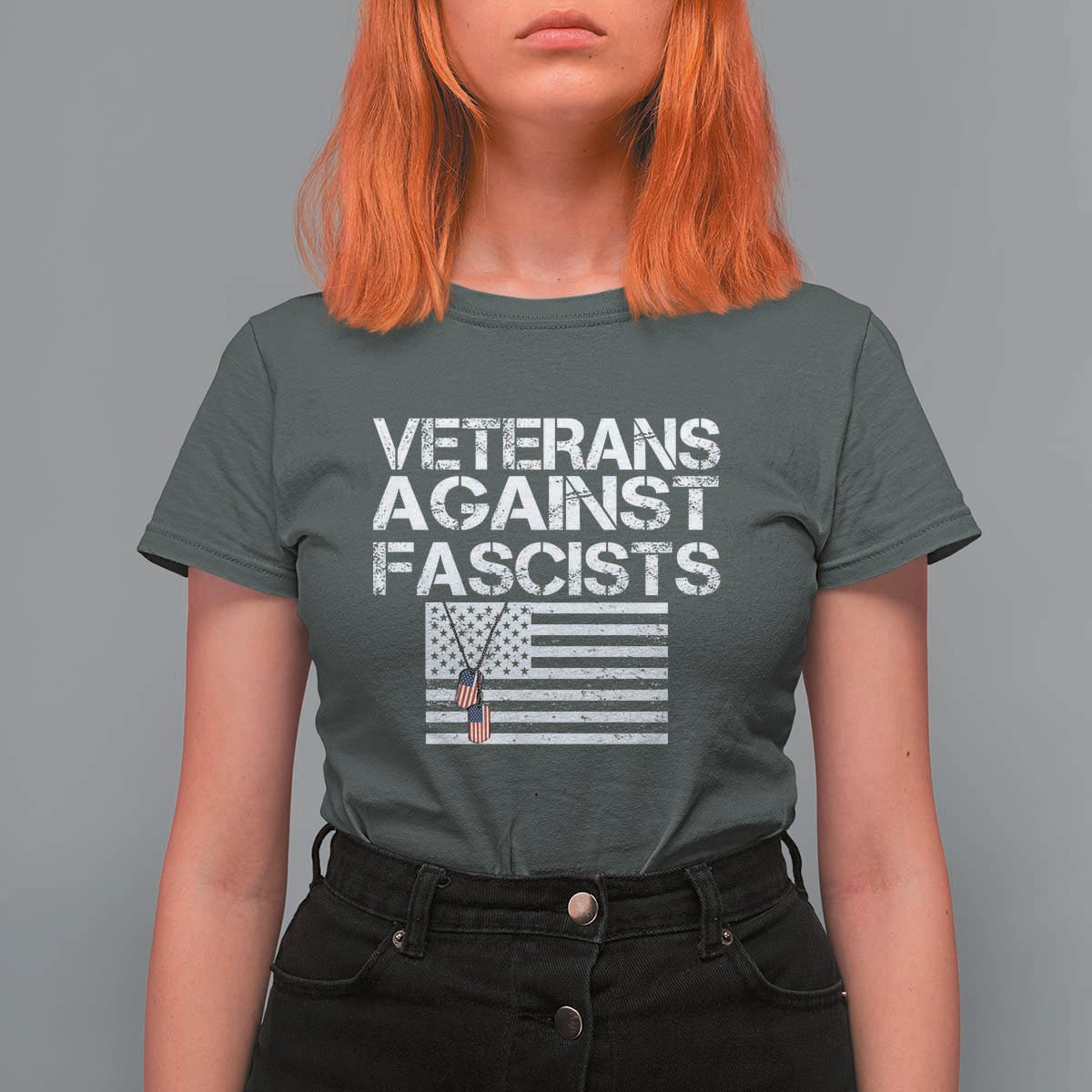 Veterans Against Fascists T Shirt For Women Patriotic Soldier Vintage American Flag Dog Tag - Wonder Print Shop