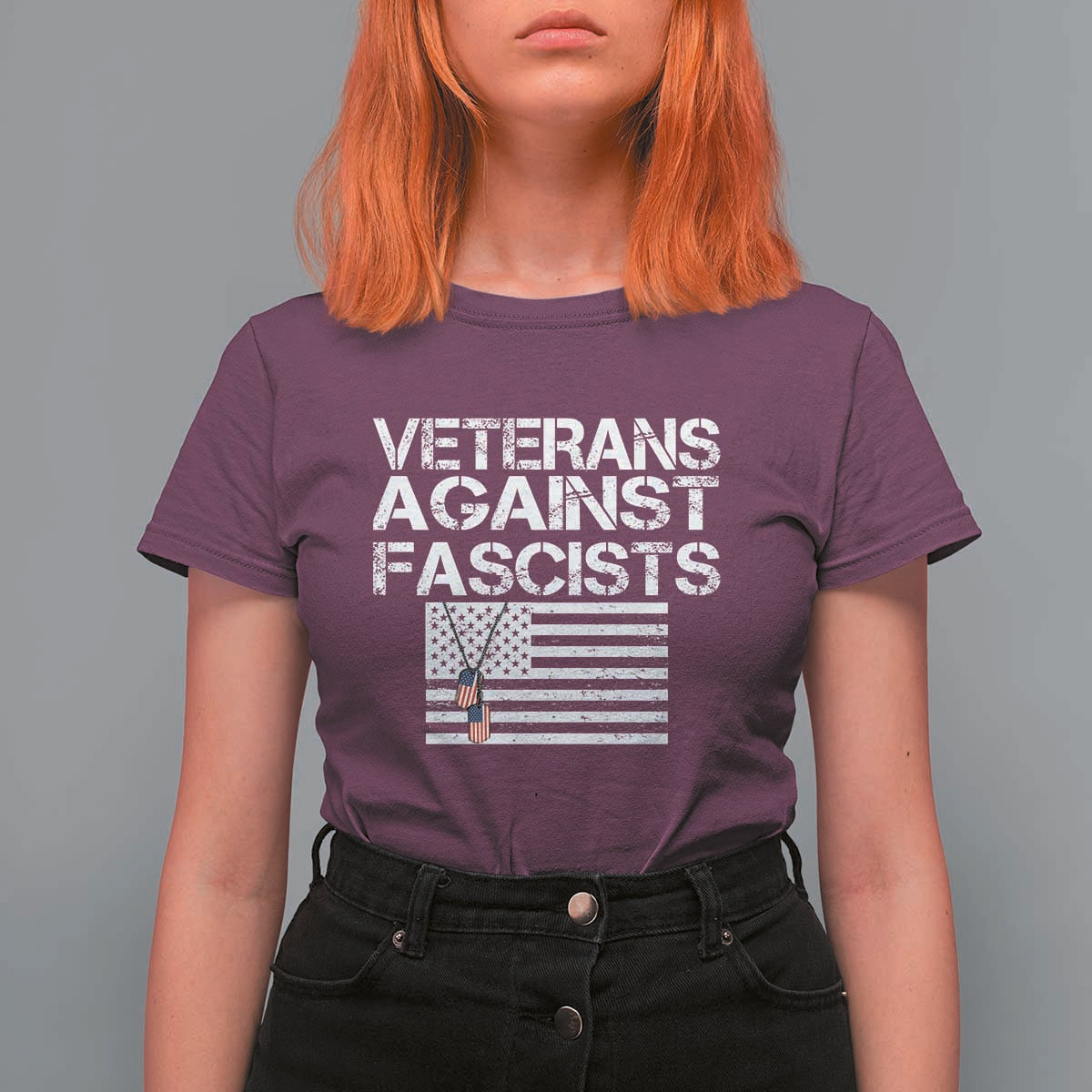 Veterans Against Fascists T Shirt For Women Patriotic Soldier Vintage American Flag Dog Tag - Wonder Print Shop