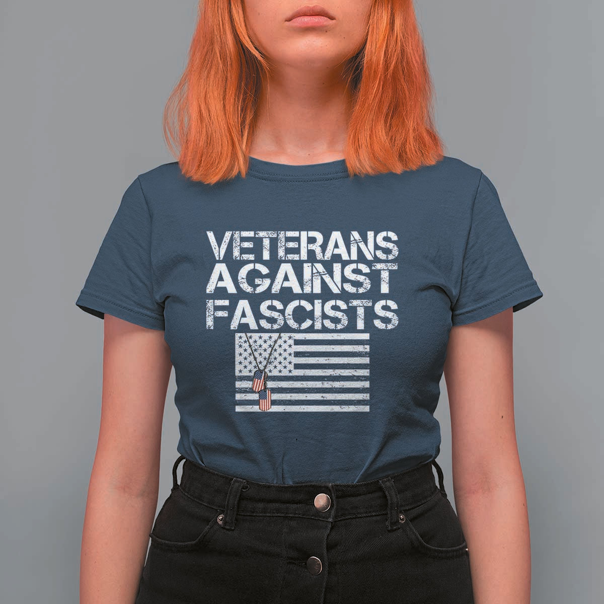 Veterans Against Fascists T Shirt For Women Patriotic Soldier Vintage American Flag Dog Tag - Wonder Print Shop