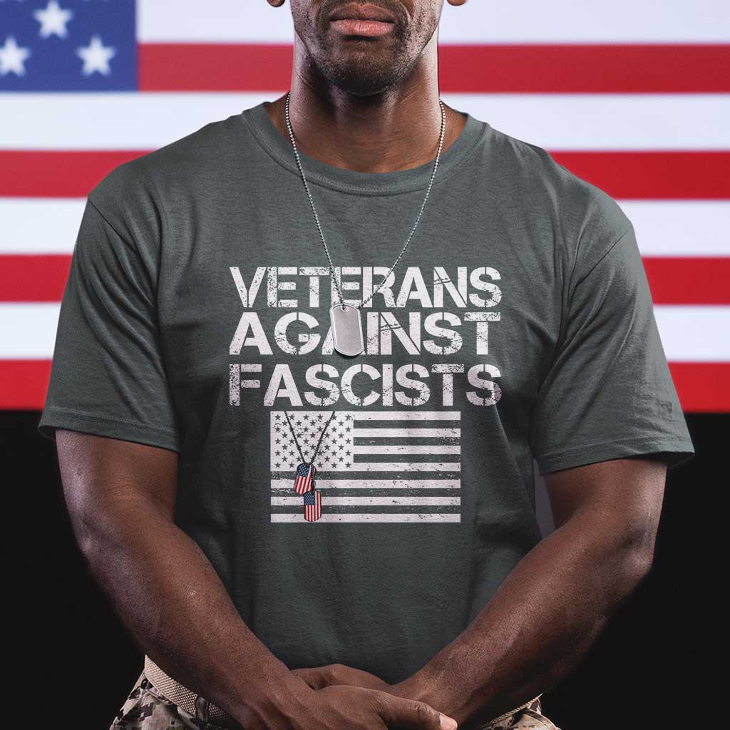 Veterans Against Fascists T Shirt Patriotic Soldier Vintage American Flag Dog Tag - Wonder Print Shop
