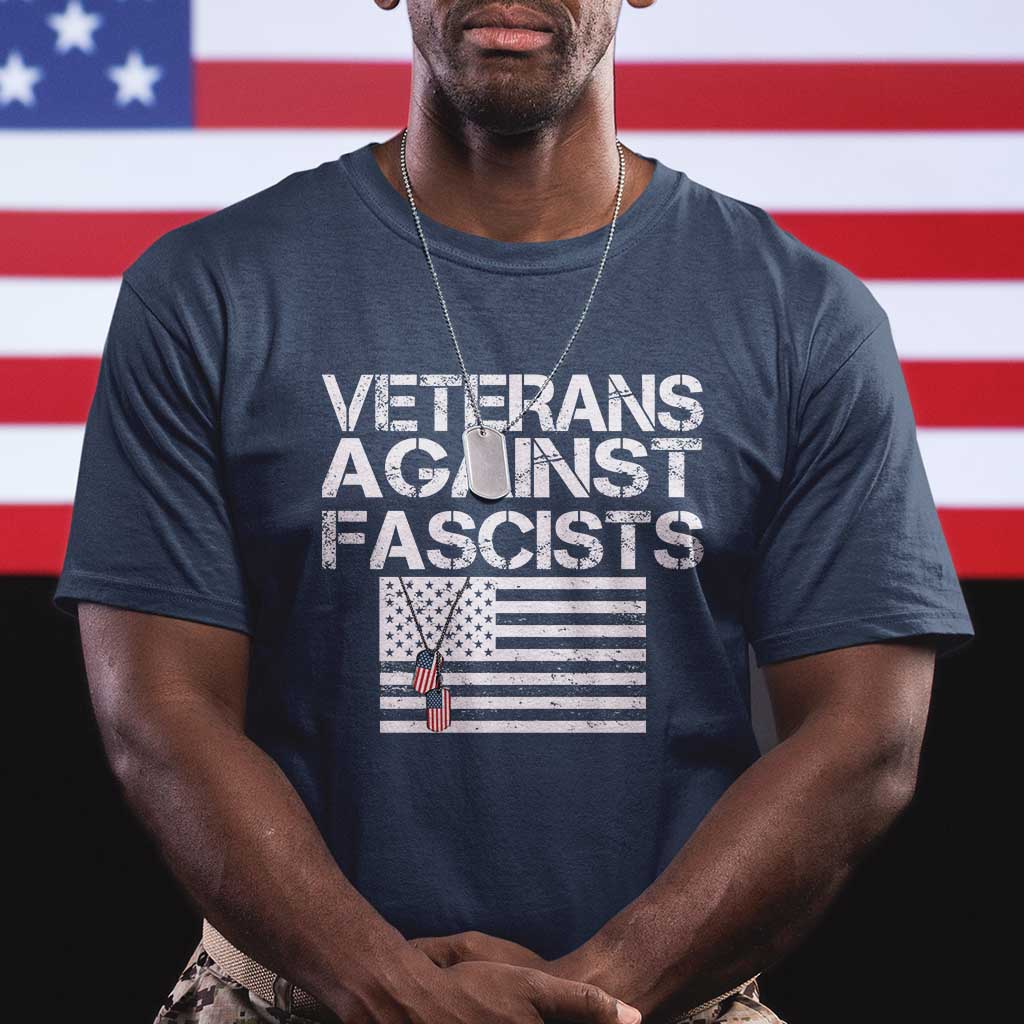 Veterans Against Fascists T Shirt Patriotic Soldier Vintage American Flag Dog Tag - Wonder Print Shop