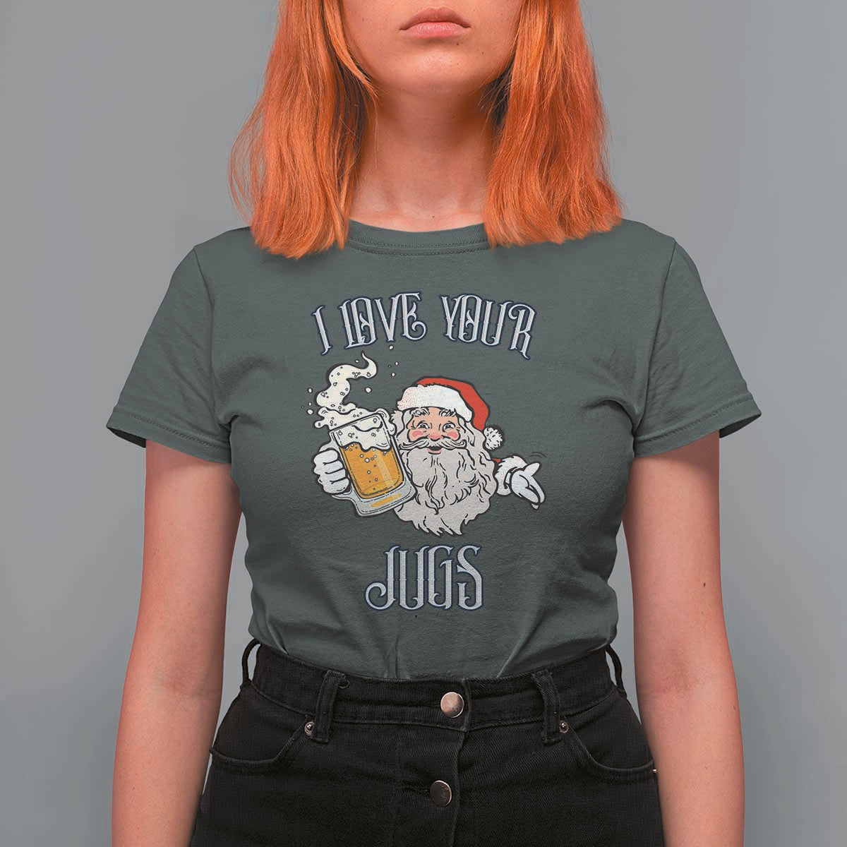 Funny Christmas Beers Couple T Shirt For Women I Love Your Jugs Santa Beers Drinker - Wonder Print Shop