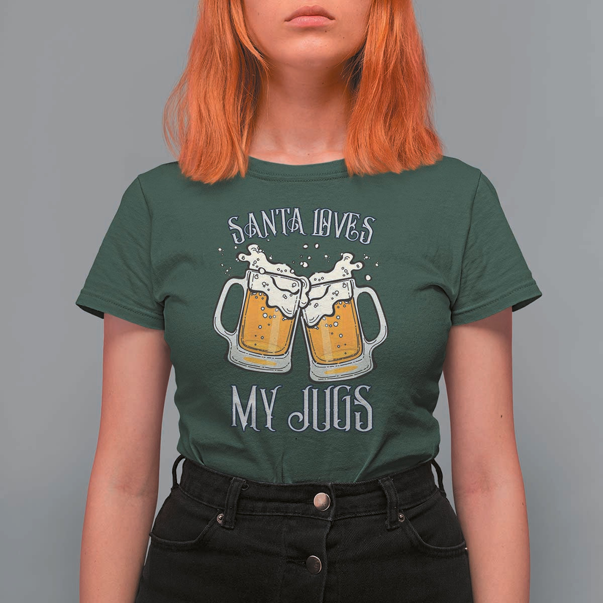 Funny Christmas Beers Couple T Shirt For Women Santa Loves My Jugs Beers Drinker - Wonder Print Shop