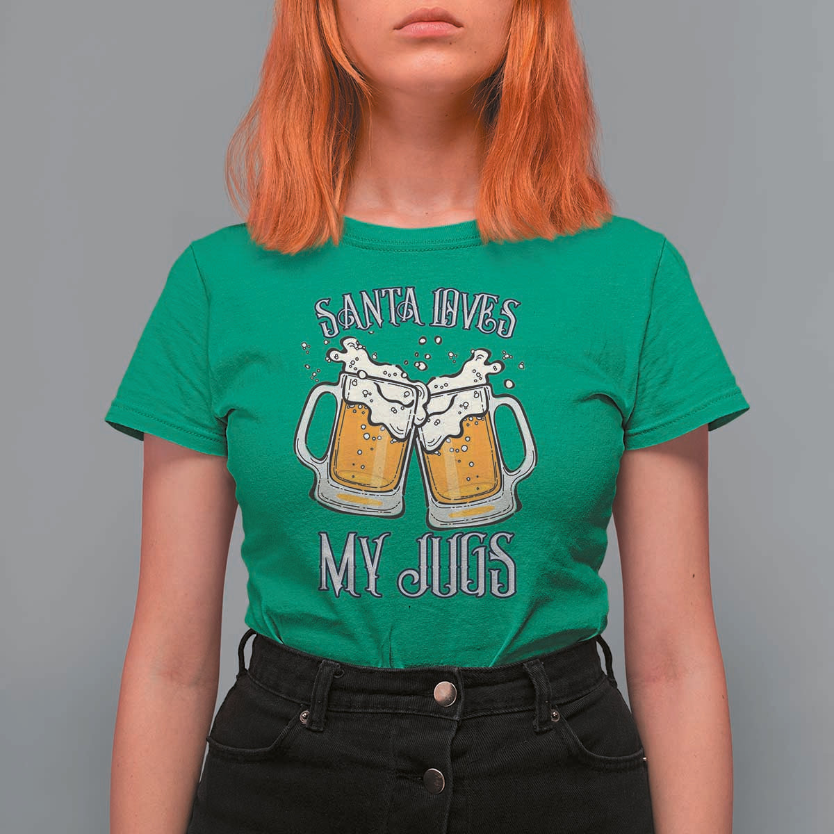 Funny Christmas Beers Couple T Shirt For Women Santa Loves My Jugs Beers Drinker - Wonder Print Shop