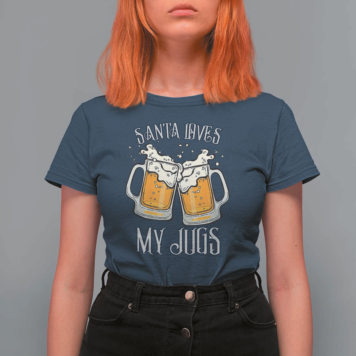 Funny Christmas Beers Couple T Shirt For Women Santa Loves My Jugs Beers Drinker - Wonder Print Shop