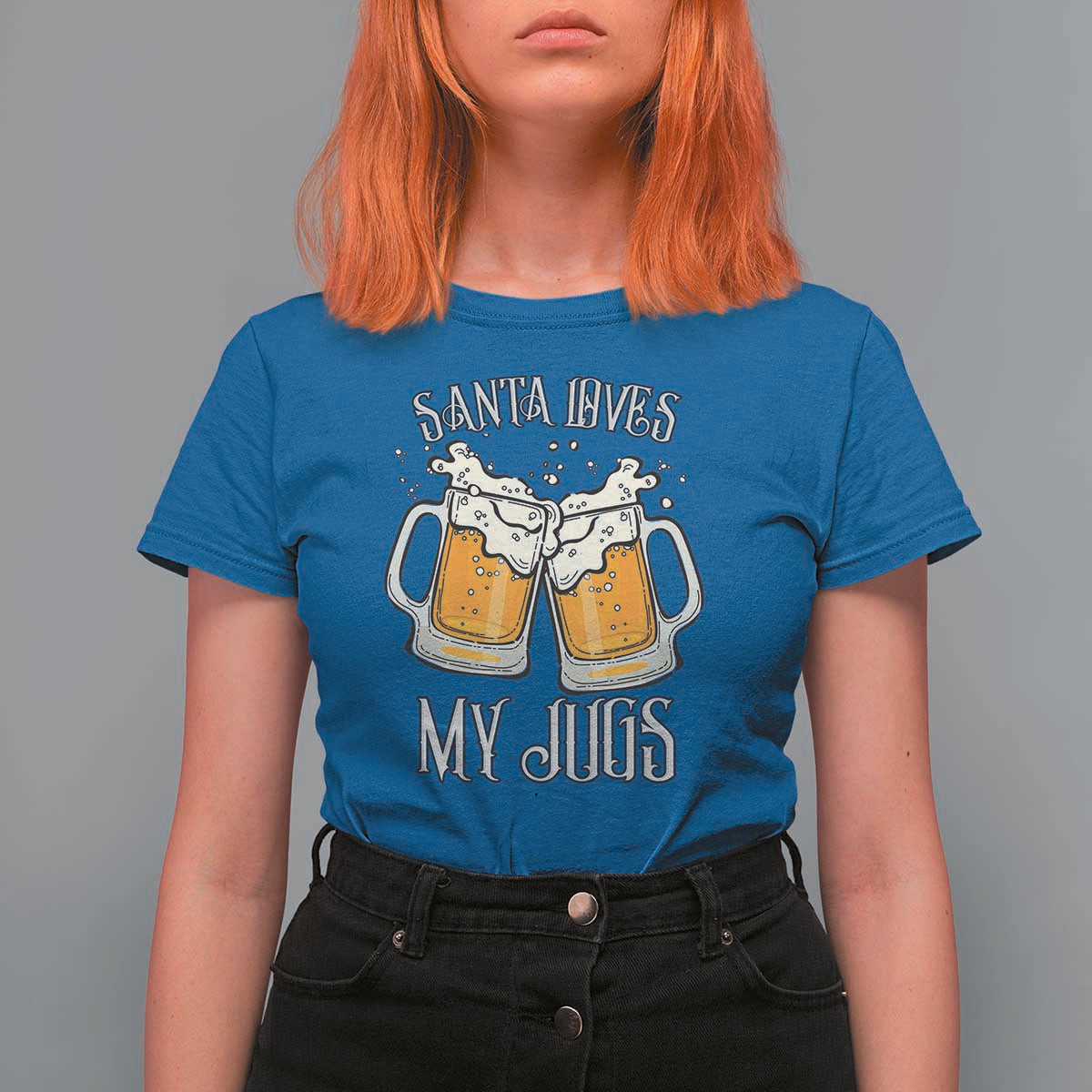 Funny Christmas Beers Couple T Shirt For Women Santa Loves My Jugs Beers Drinker - Wonder Print Shop