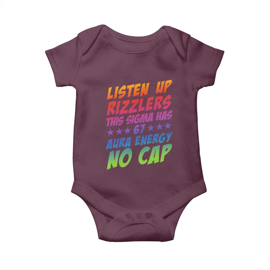 Funny Listen Up Rizzlers This Sigma Has 67 Aura Energy No Cap Baby Onesie - Wonder Print Shop