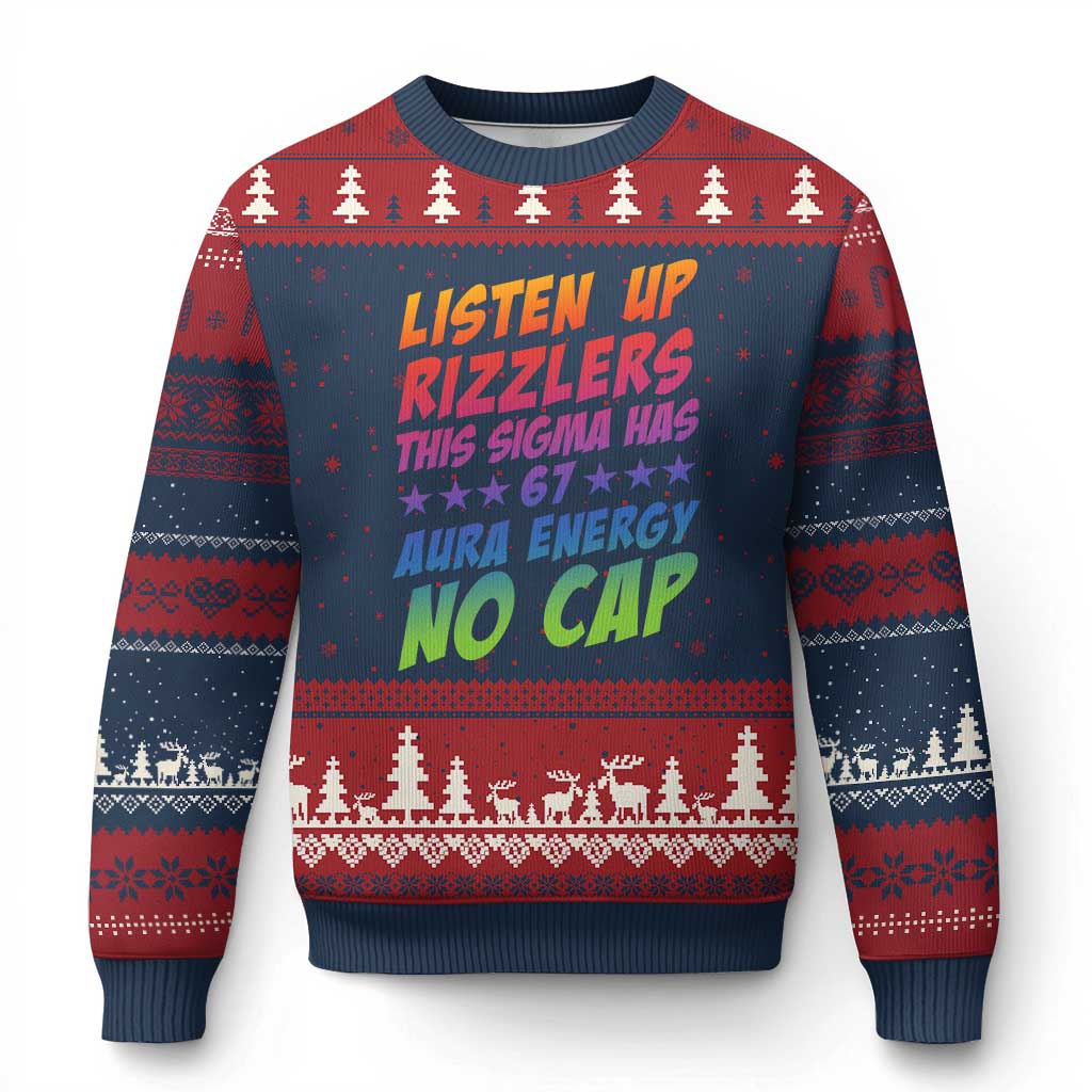 Funny Listen Up Rizzlers This Sigma Has 67 Aura Energy No Cap Ugly Christmas Sweater - Wonder Print Shop