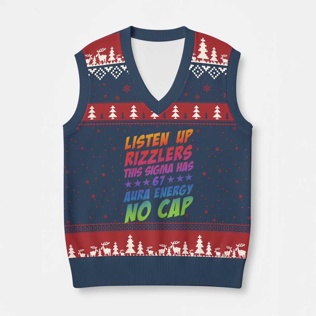 Funny Listen Up Rizzlers This Sigma Has 67 Aura Energy No Cap V-Neck Knit Sweater Vest - Wonder Print Shop