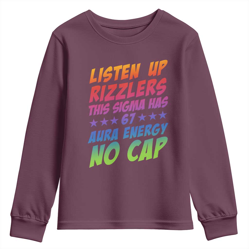 Funny Listen Up Rizzlers This Sigma Has 67 Aura Energy No Cap Youth Sweatshirt - Wonder Print Shop