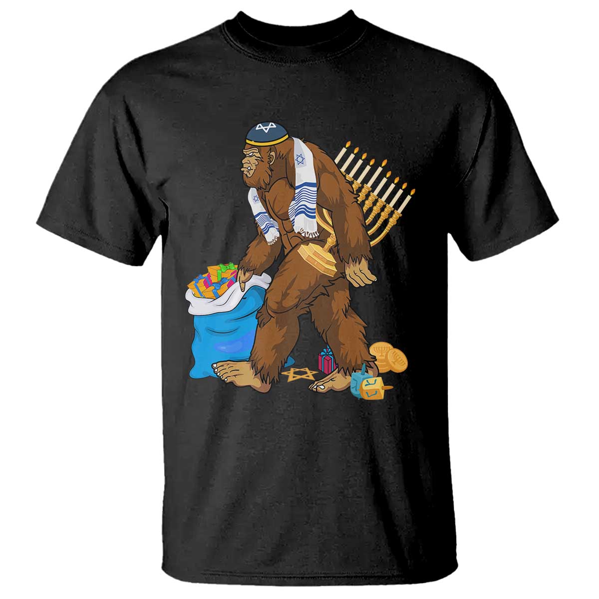 Funny Hanukkah Bigfoot Menorah David Stars T Shirt - Wonder Print Shop