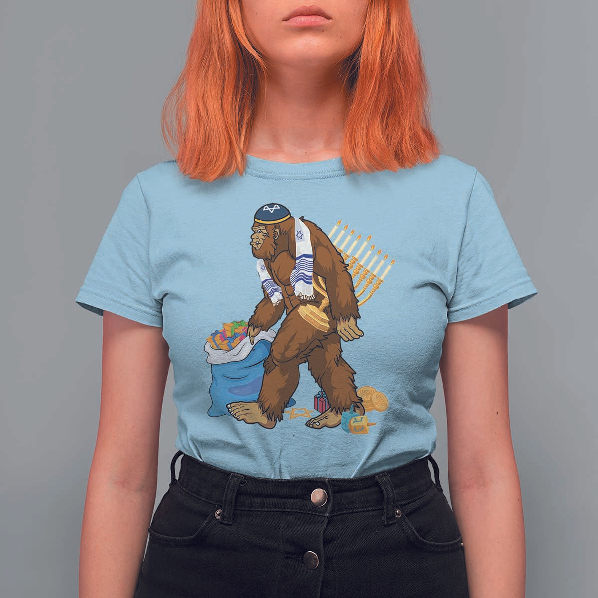 Funny Hanukkah Bigfoot Menorah David Stars T Shirt For Women - Wonder Print Shop