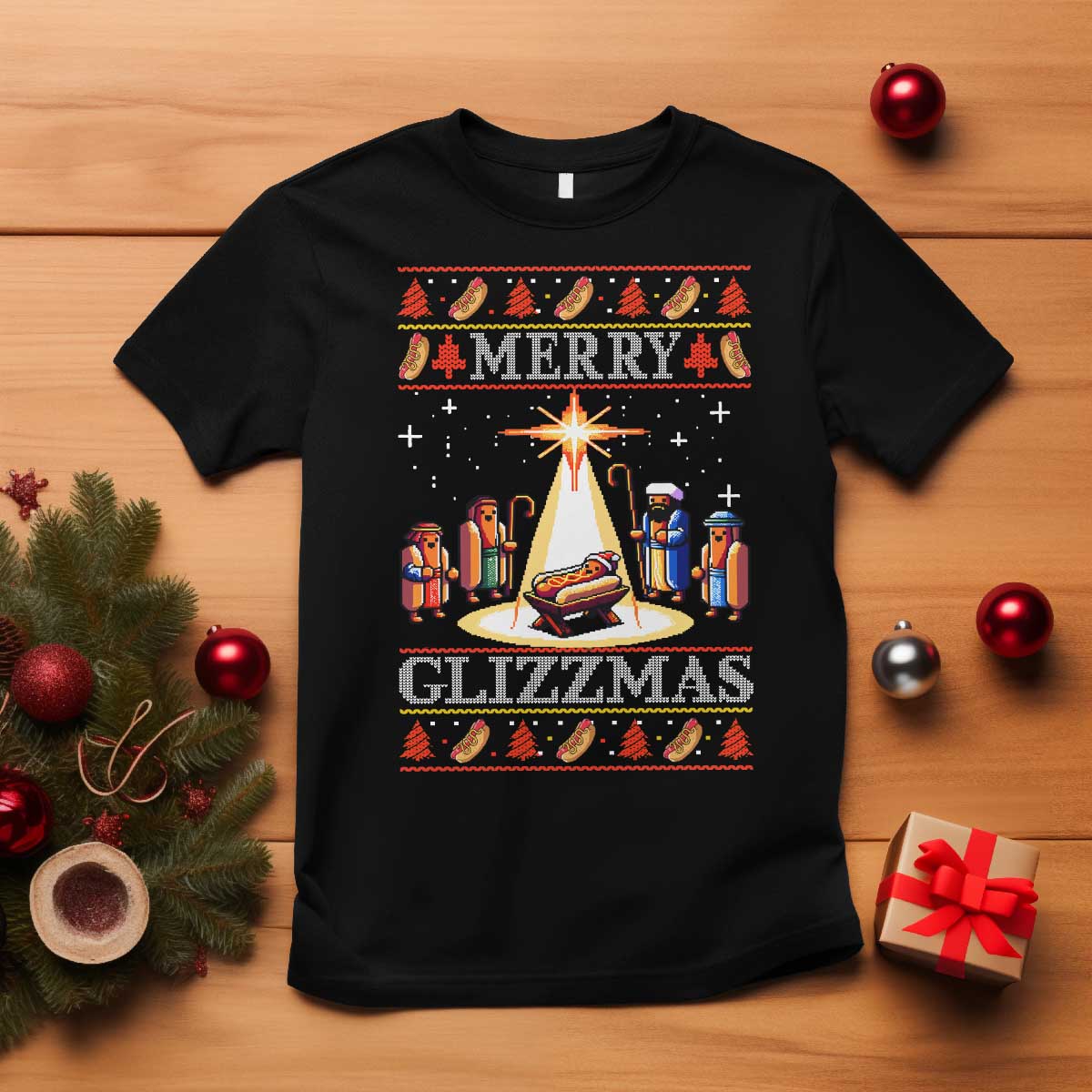 Funny Merry Glizzmas T Shirt Hot Dog Christmas Nativity Scene - Wonder Print Shop