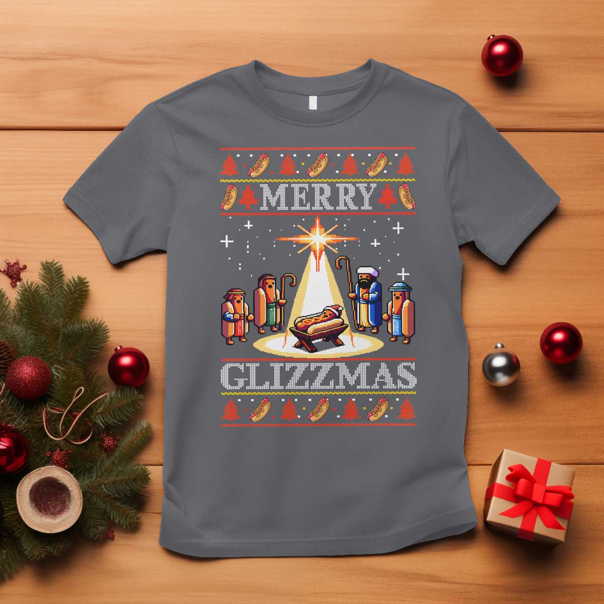 Funny Merry Glizzmas T Shirt Hot Dog Christmas Nativity Scene - Wonder Print Shop