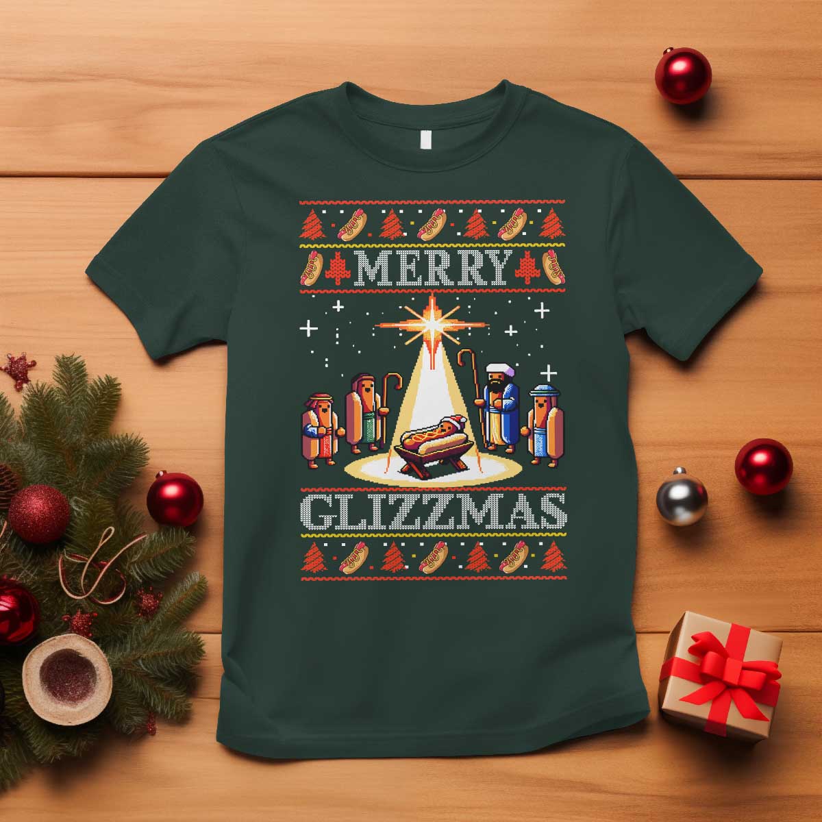 Funny Merry Glizzmas T Shirt Hot Dog Christmas Nativity Scene - Wonder Print Shop