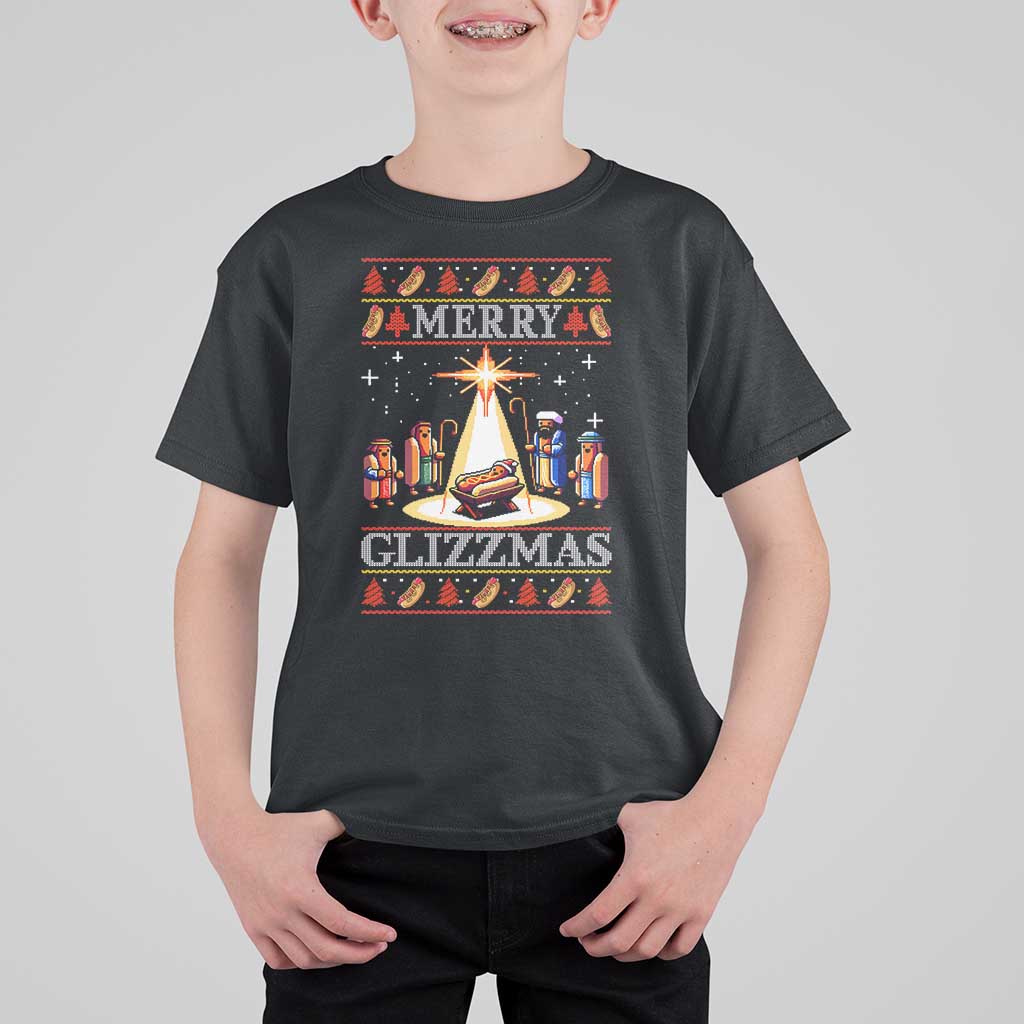 Funny Merry Glizzmas T Shirt For Kid Hot Dog Christmas Nativity Scene - Wonder Print Shop