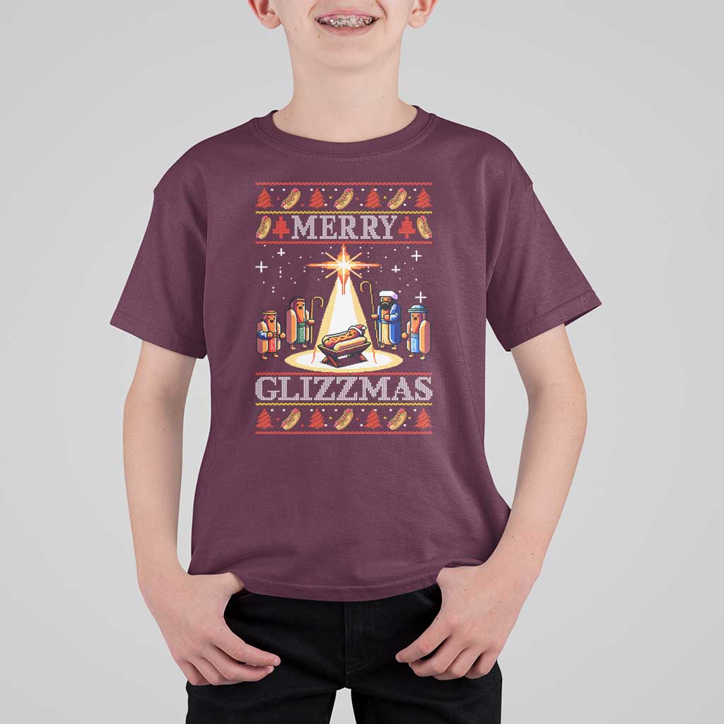 Funny Merry Glizzmas T Shirt For Kid Hot Dog Christmas Nativity Scene - Wonder Print Shop