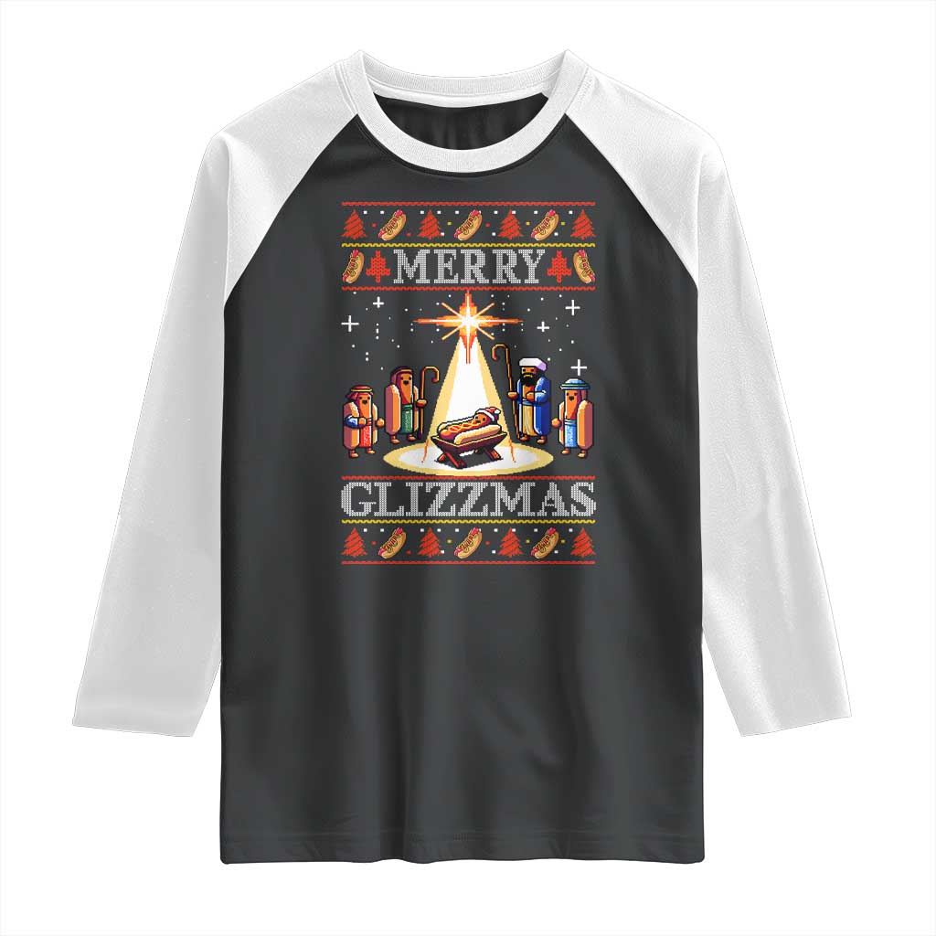 Funny Merry Glizzmas Raglan Shirt Hot Dog Christmas Nativity Scene - Wonder Print Shop