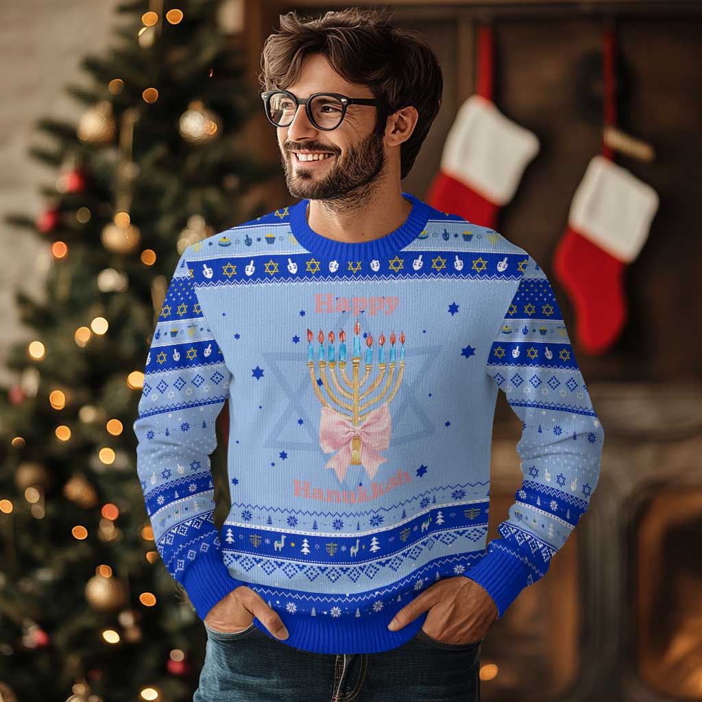 Happy Chanukah Coquette Hanukkah Ugly Sweater Cute Menorah Pink Bow - Wonder Print Shop